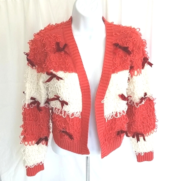 Mighty Fine Striped Holiday Red & White Bow Cardigan Sweater Size XS - Picture 1 of 4
